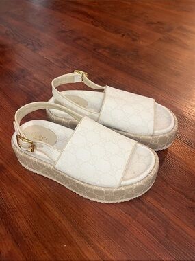 Gucci Cream and Gold Platform Slingback Sandals